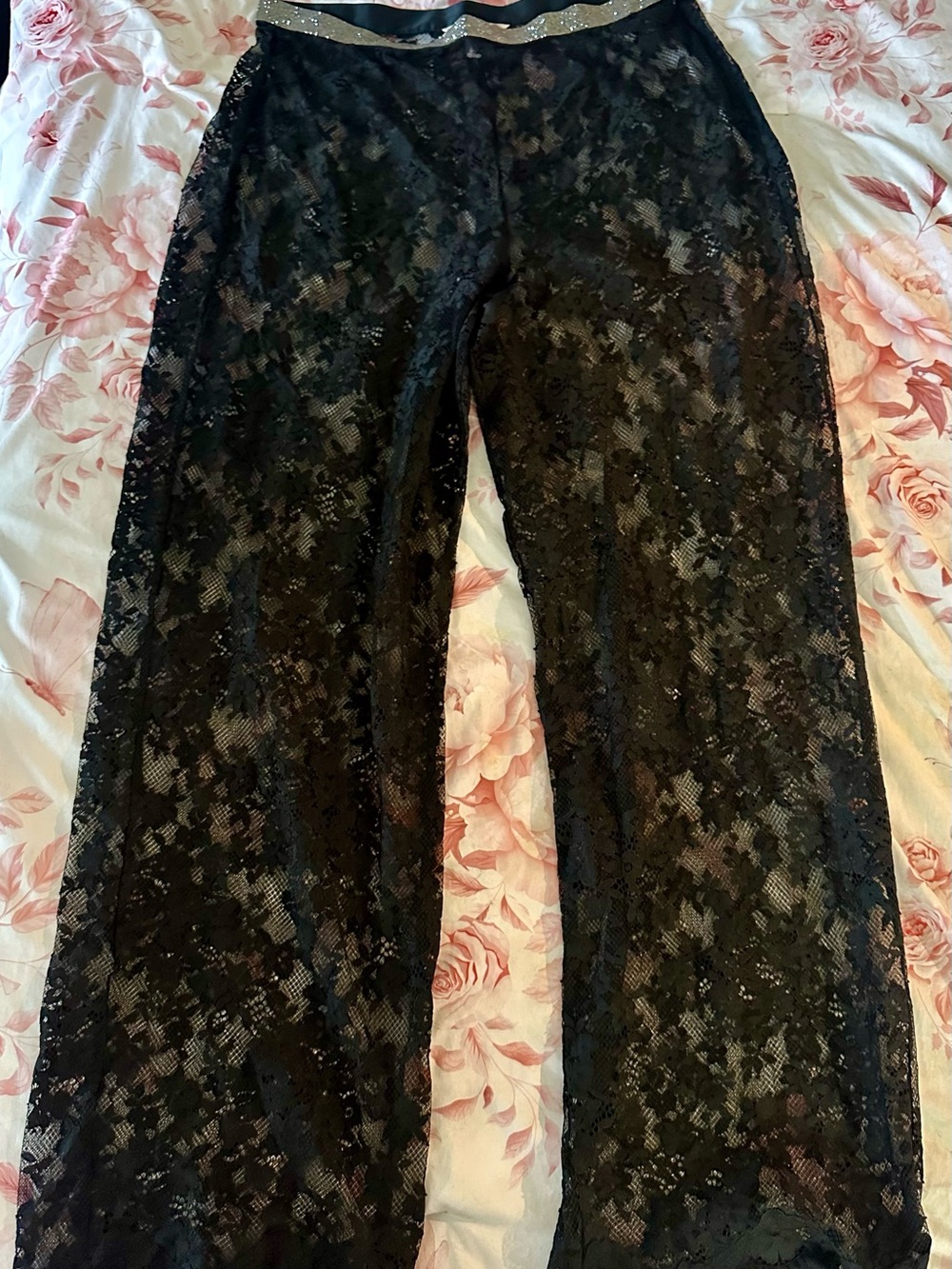 Victoria's Secret Black Lace Wide-Leg Pants with Metallic Waistband